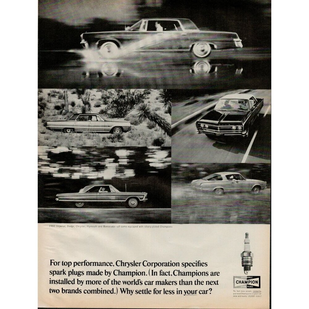 1965 Champion Spark Plugs f/ Chrysler Automobiles Vintage Print Ad (L17)